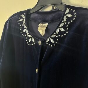 Vintage Liebe‎ USA Womens 90s Navy Blue Velvet Rhinestone Lounge Set L